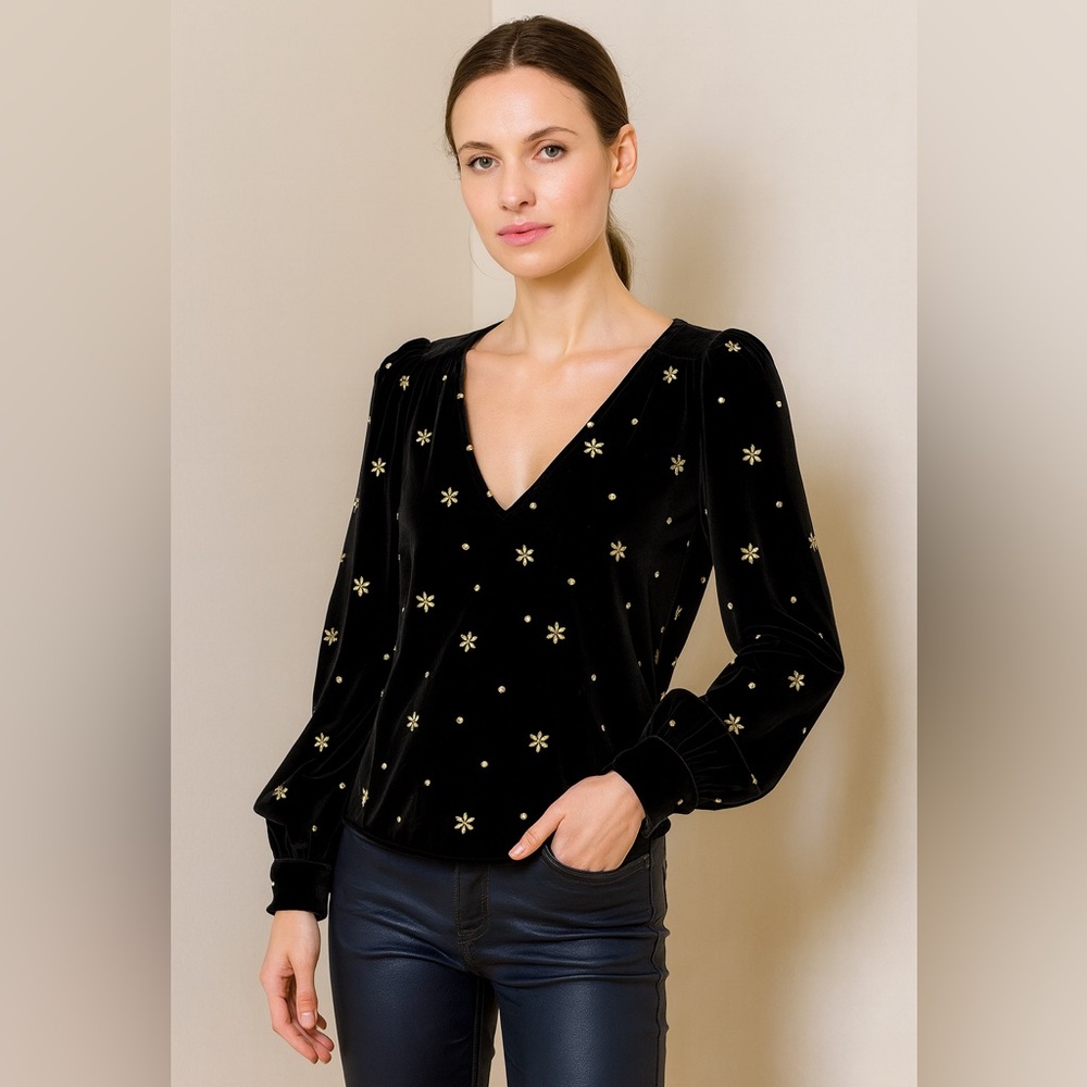 Sézane Galeo Velvet Blouse Flower and Polka Dot Gold Embroidery FR 36 / US 4